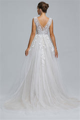 Tulle A-line Sheer Straps V-neck Applique Floor-length Sleeveless Wedding Dress Cover-Ballbella