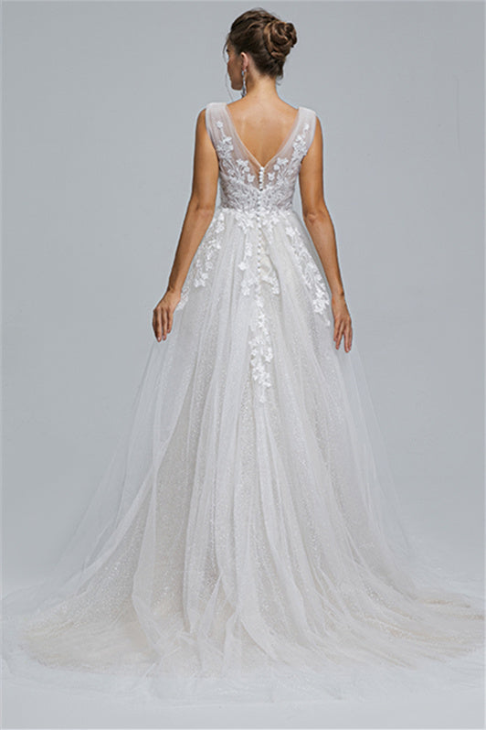 Tulle A-line Sheer Straps V-neck Applique Floor-length Sleeveless Wedding Dress Cover-Ballbella