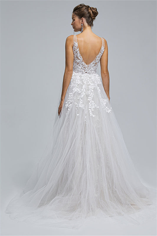 Tulle A-line Sheer Straps V-neck Applique Floor-length Sleeveless Wedding Dress Cover-Ballbella