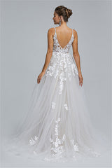 Tulle A-line Sheer Straps V-neck Applique Floor-length Sleeveless Wedding Dress Cover-Ballbella