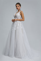 Tulle A-line Sheer Straps V-neck Applique Floor-length Sleeveless Wedding Dress Cover-Ballbella