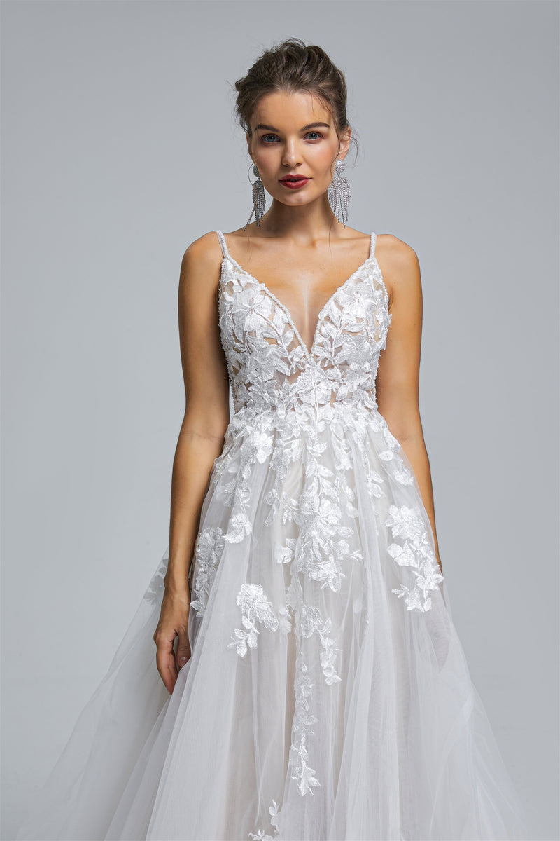 Tulle A-line Sheer Straps V-neck Applique Floor-length Sleeveless Wedding Dress Cover-Ballbella