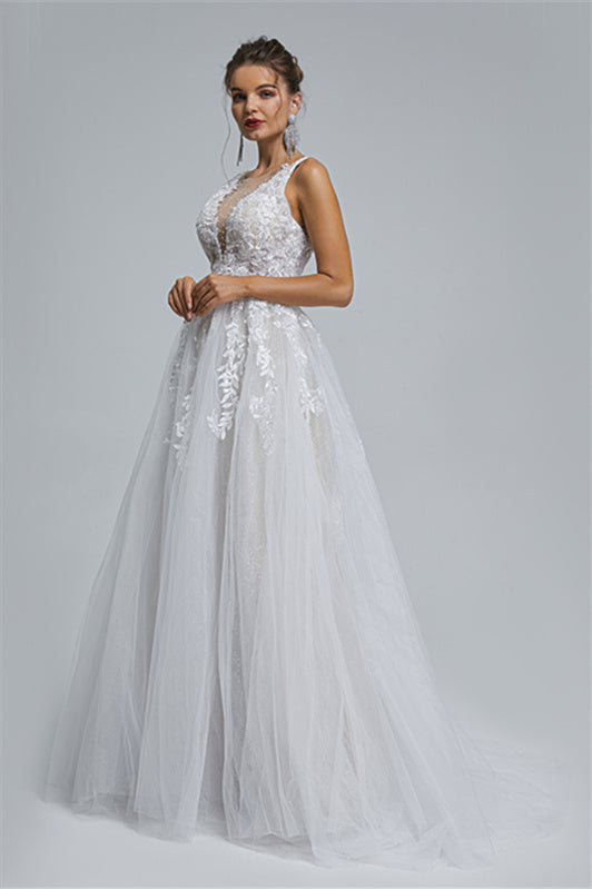 Tulle A-line Sheer Straps V-neck Applique Floor-length Sleeveless Wedding Dress Cover-Ballbella