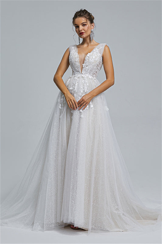 Tulle A-line Sheer Straps V-neck Applique Floor-length Sleeveless Wedding Dress Cover-Ballbella