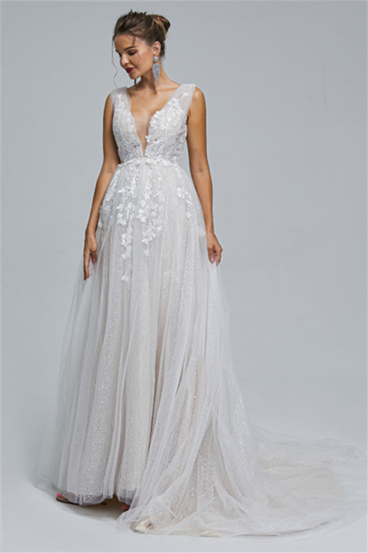 Tulle A-line Sheer Straps V-neck Applique Floor-length Sleeveless Wedding Dress Cover-Ballbella
