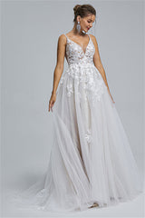 Tulle A-line Sheer Straps V-neck Applique Floor-length Sleeveless Wedding Dress Cover-Ballbella