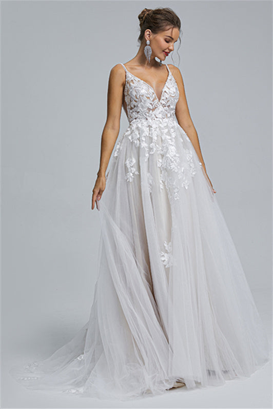 Tulle A-line Sheer Straps V-neck Applique Floor-length Sleeveless Wedding Dress Cover-Ballbella