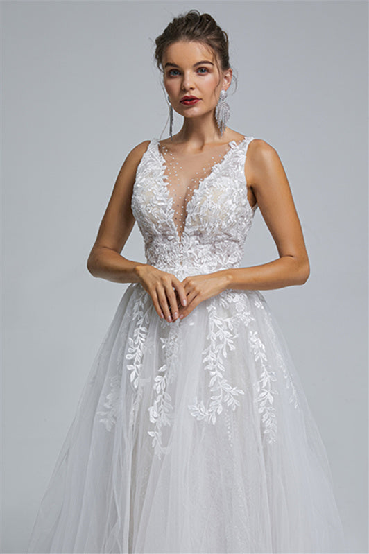 Tulle A-line Sheer Straps V-neck Applique Floor-length Sleeveless Wedding Dress Cover-Ballbella