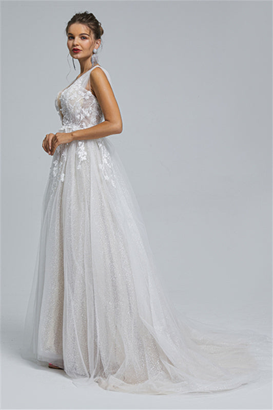 Tulle A-line Sheer Straps V-neck Applique Floor-length Sleeveless Wedding Dress Cover-Ballbella