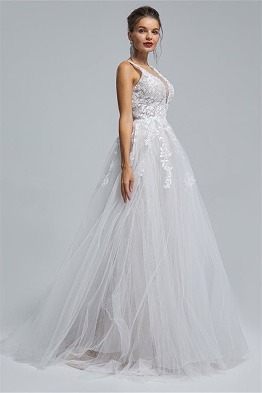 Tulle A-line Sheer Straps V-neck Applique Floor-length Sleeveless Wedding Dress Cover-Ballbella
