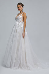 Tulle A-line Sheer Straps V-neck Applique Floor-length Sleeveless Wedding Dress Cover-Ballbella
