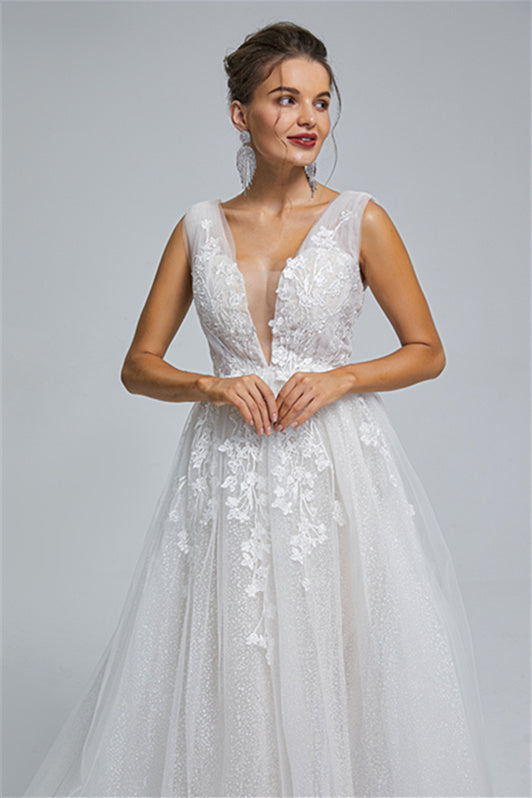 Tulle A-line Sheer Straps V-neck Applique Floor-length Sleeveless Wedding Dress Cover-Ballbella