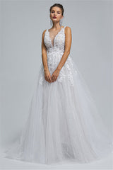 Tulle A-line Sheer Straps V-neck Applique Floor-length Sleeveless Wedding Dress Cover-Ballbella