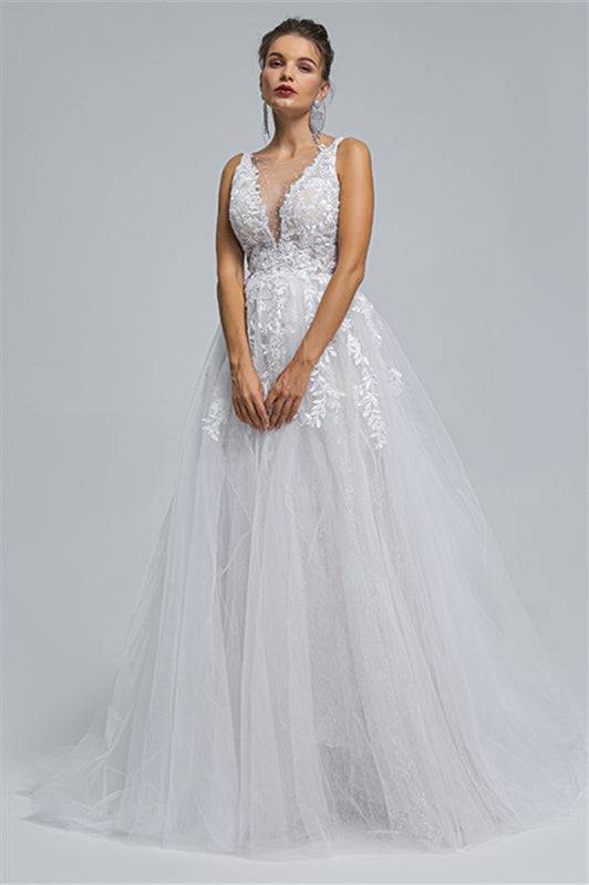 Tulle A-line Sheer Straps V-neck Applique Floor-length Sleeveless Wedding Dress Cover-Ballbella