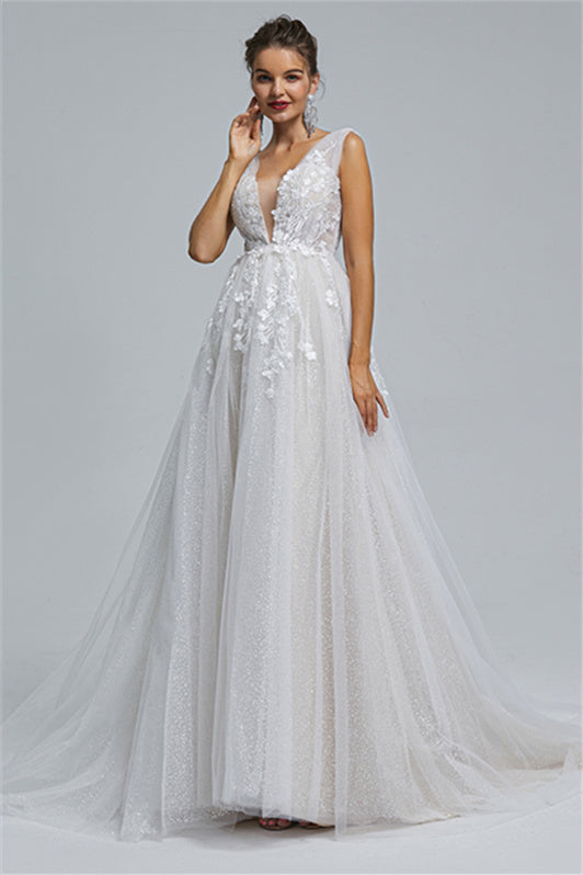 Tulle A-line Sheer Straps V-neck Applique Floor-length Sleeveless Wedding Dress Cover-Ballbella