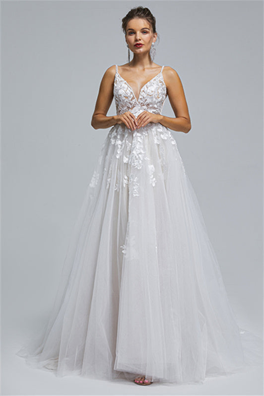 Tulle A-line Sheer Straps V-neck Applique Floor-length Sleeveless Wedding Dress Cover-Ballbella