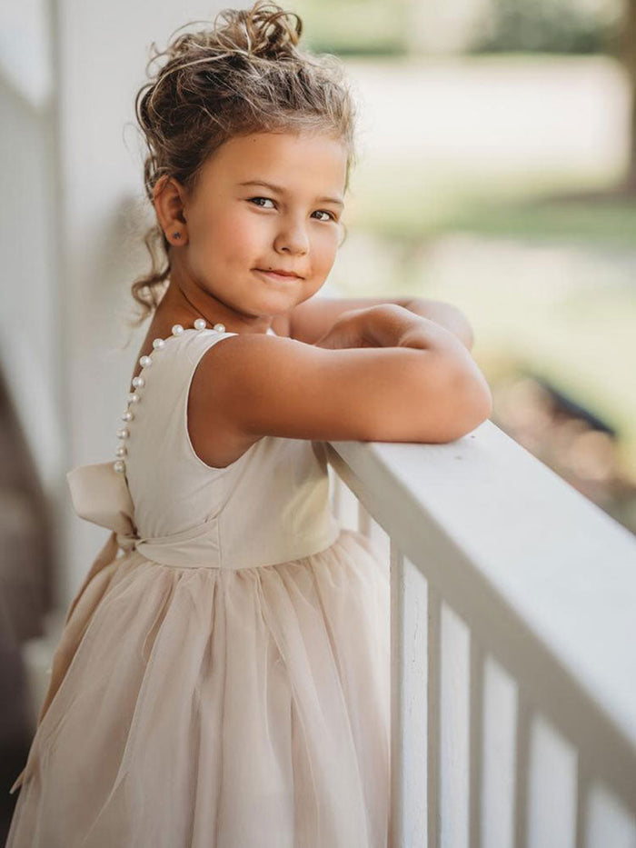 Tulle Champagne Jewel Neck Sleeveless Short Princess Party Dress Kids Sash Pageant Dresses, Champagne / Child 2
