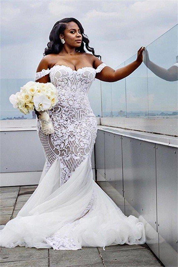Tulle Court Train Mermaid Sleeveless Off the Shoulder Ruffless Wedding Dresses-Ballbella
