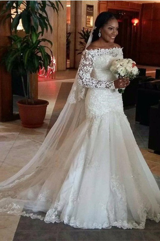 Tulle Floor Length Mermaid Off the Shoulder Long Sleevess Lace Wedding Dresses-Ballbella