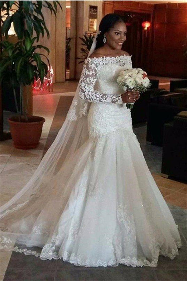 Tulle Floor Length Mermaid Off the Shoulder Long Sleevess Lace Wedding Dresses-Ballbella