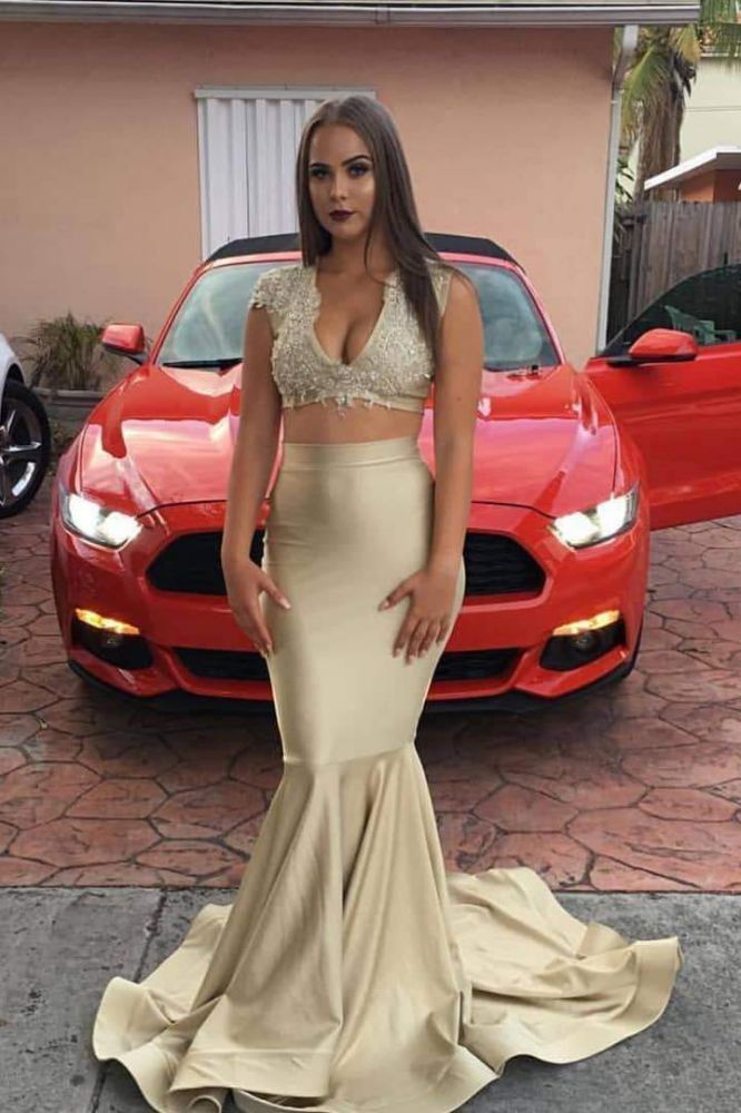 Looking for Prom Dresses in Stretch Satin,  Mermaid style,  and Gorgeous work? Ballbella has all covered on this elegant Two-piece Appliques V-neck Sleeveless Long Mermaid Prom Dresses.