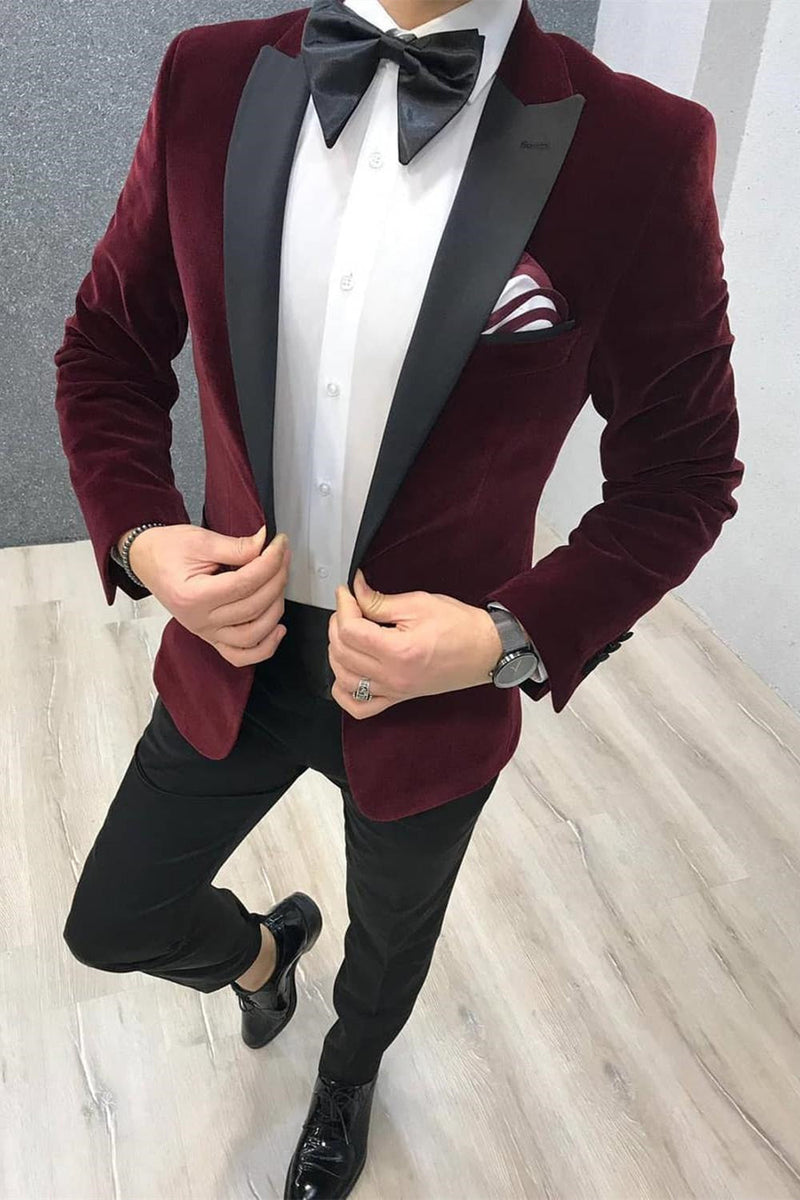 This Two-piece Burgundy Velvet Wedding Suits, Black Satin Peak Lapel Wedding Tuxedos at Ballbella comes in all sizes for prom, wedding and business. Shop an amazing selection of Peaked Lapel Single Breasted Burgundy mens suits in cheap price.