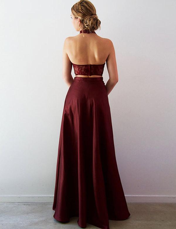 This beautiful Two Piece Lace A-Line Split Front Floor-Length Halter Prom Party Gownswill make your guests say wow. The Halter bodice is thoughtfully lined,  and the Floor-length skirt with Lace to provide the airy,  flatter look.