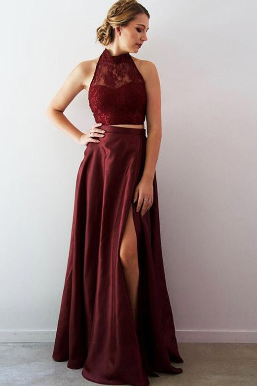 This beautiful Two Piece Lace A-Line Split Front Floor-Length Halter Prom Party Gownswill make your guests say wow. The Halter bodice is thoughtfully lined,  and the Floor-length skirt with Lace to provide the airy,  flatter look.