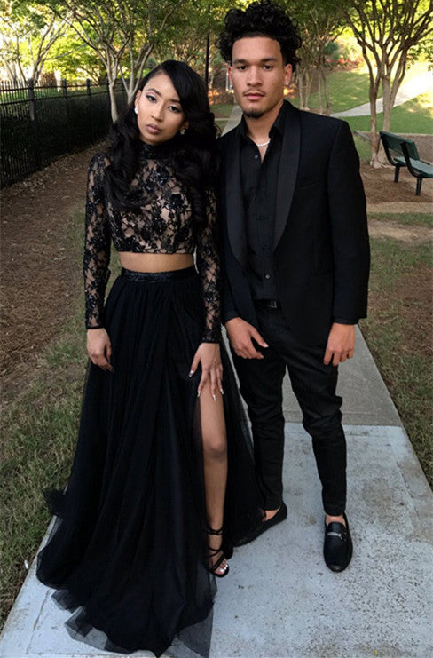 Ballbella custom made this cheap high quality Two Piece Long Sleeves Evening Gown Black Chic Slit Lace Prom Party Gowns,  we sell dresses On Sale all over the world. Also,  extra discount are offered to our customers. We will try our best to satisfy everyone and make the dress fit you well.