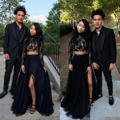 Ballbella custom made this cheap high quality Two Piece Long Sleeves Evening Gown Black Chic Slit Lace Prom Party Gowns,  we sell dresses On Sale all over the world. Also,  extra discount are offered to our customers. We will try our best to satisfy everyone and make the dress fit you well.