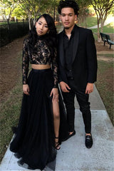 Two Piece Long Sleeves Evening Gown Black Chic Slit Lace Prom Party Gowns-Ballbella