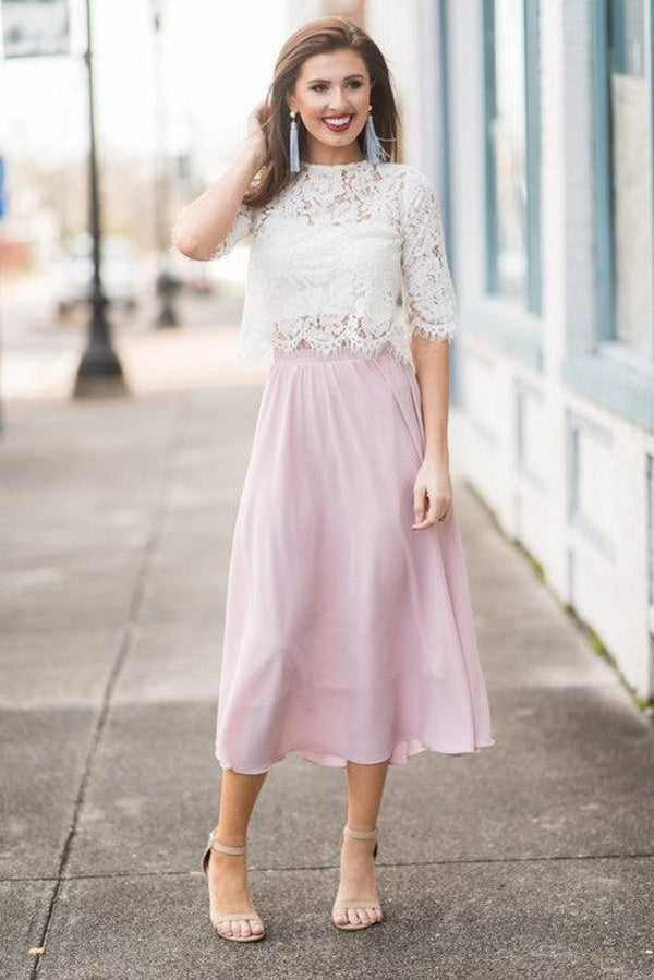 Ballbella offers Two-toned White Pink Summer Homecoming Dress On Sale at a cheap price from Lace to A-line Tea-length hem. Gorgeous yet affordable Half-Sleeves Prom Dresses