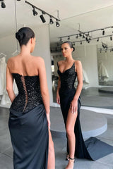 Unique Black special Strapless High-split Lace-up Sequined Prom Dress-Ballbella