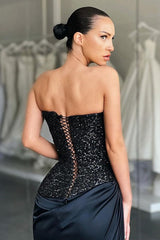 Unique Black special Strapless High-split Lace-up Sequined Prom Dress-Ballbella