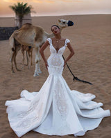 Unique Cap Sleeves V-Neck Appliques Mermaid Sweep Train Wedding Dresses-Ballbella