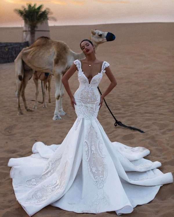 Unique Cap Sleeves V-Neck Appliques Mermaid Sweep Train Wedding Dresses-Ballbella