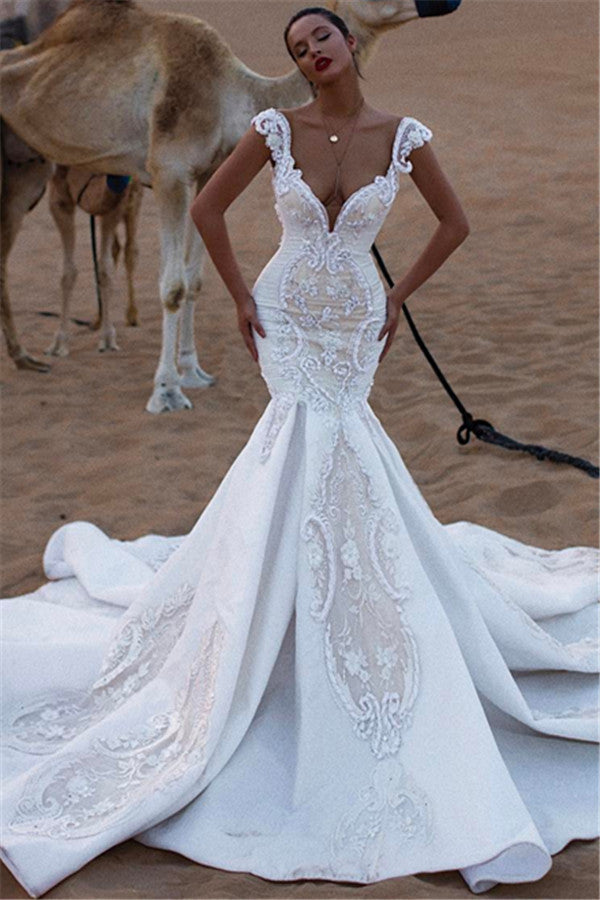 Unique Cap Sleeves V-Neck Appliques Mermaid Sweep Train Wedding Dresses-Ballbella