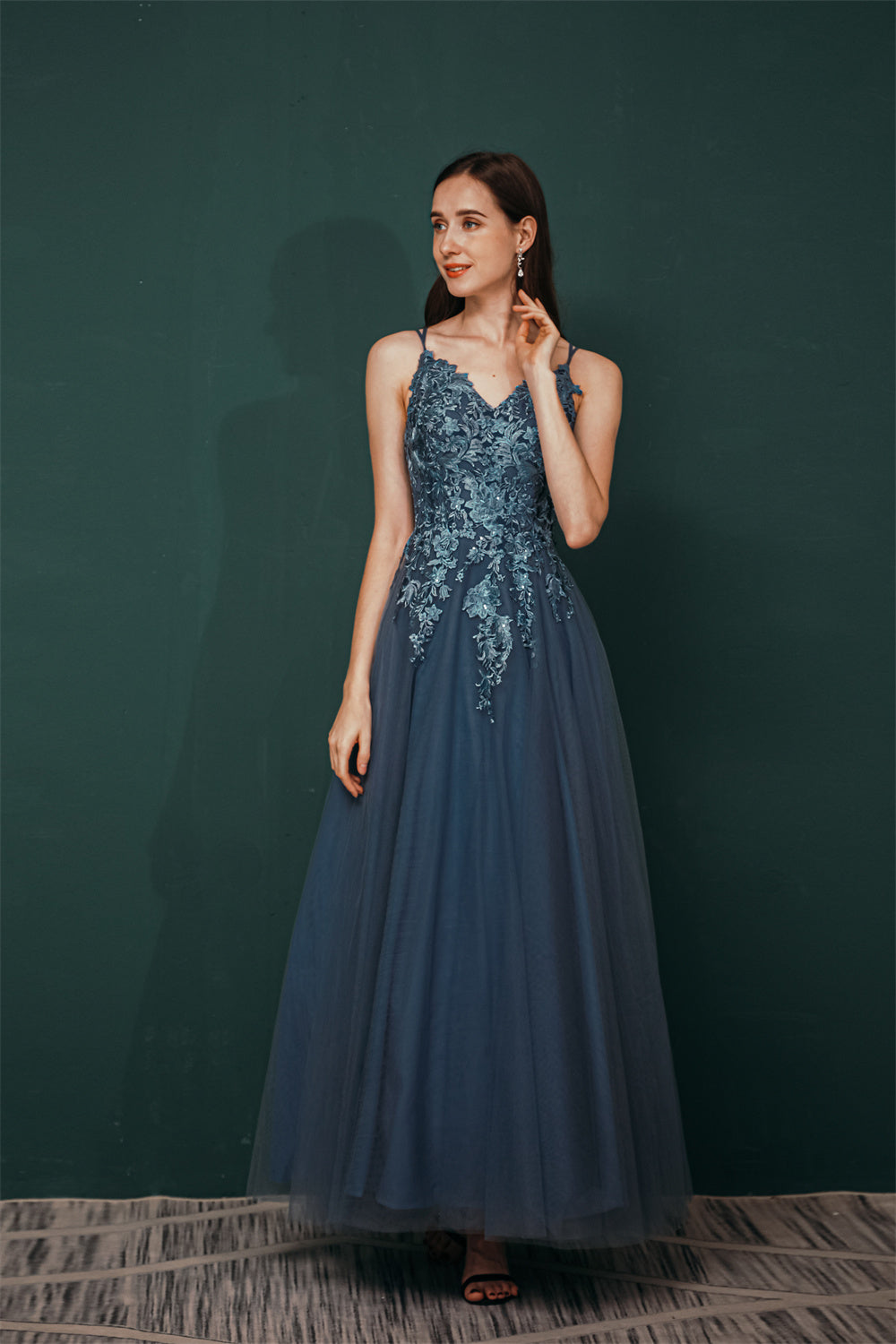 Unique Dusty Blue Tulle A-line Low back Spaghetti-strap Prom Dress   Ballbella