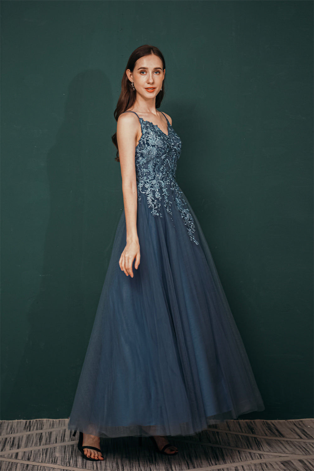 Unique Dusty Blue Tulle A-line Low back Spaghetti-strap Prom Dress Unique Dusty Blue Tulle A-line Low back Spaghetti-strap Prom Dress