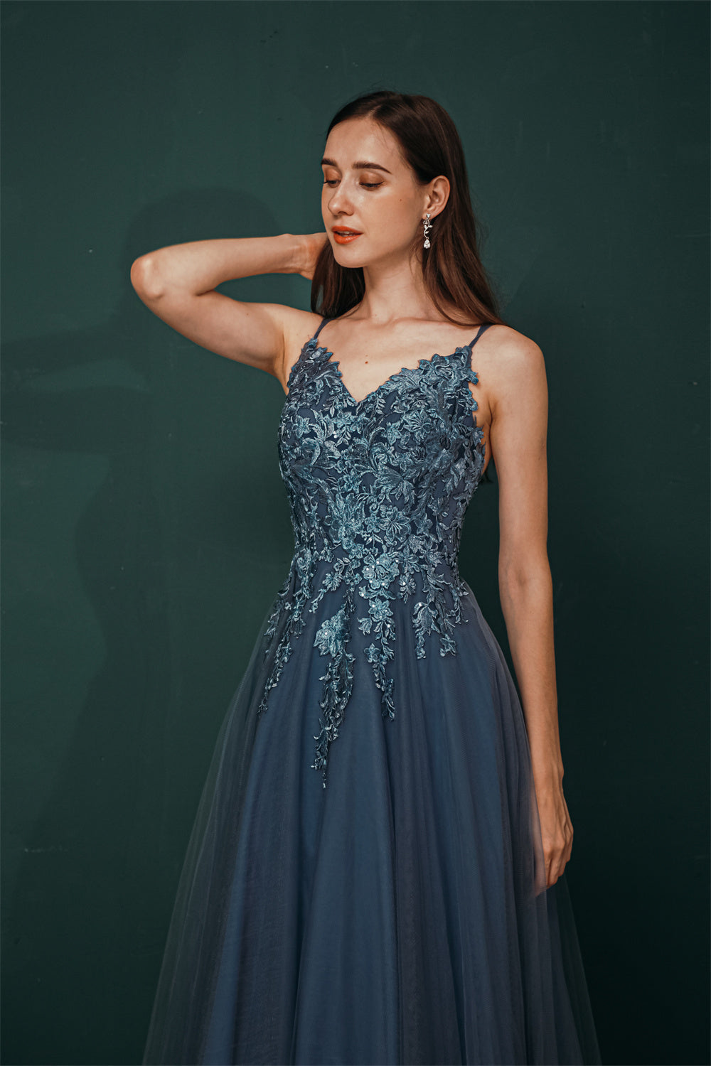 Unique Dusty Blue Tulle A-line Low back Spaghetti-strap Prom Dress, Dusty Blue / US2
