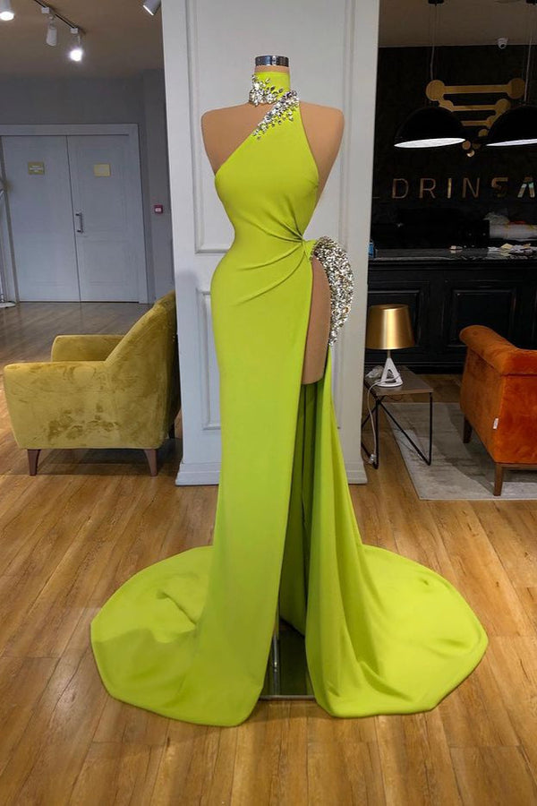 Unique Ginger yellow Triangle Neck Sexy high side-cut Long Evening Dress-Ballbella