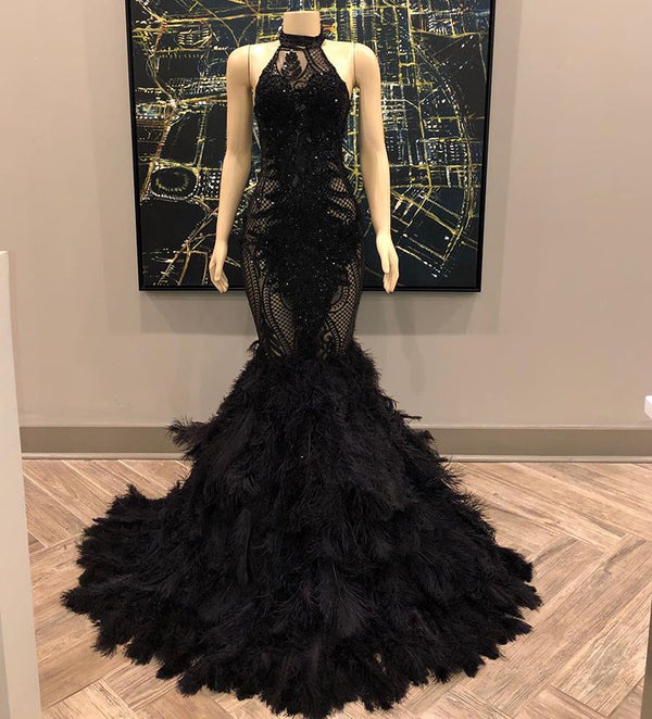 Ballbella offers Unique Lace Appliques Halter Feather Prom Dresses Sleeveless Alluring Fit and Flare Evening Gowns On Sale at an affordable price from to Mermaid skirts. Shop for gorgeous Sleeveless prom dresses collections for your big day.
