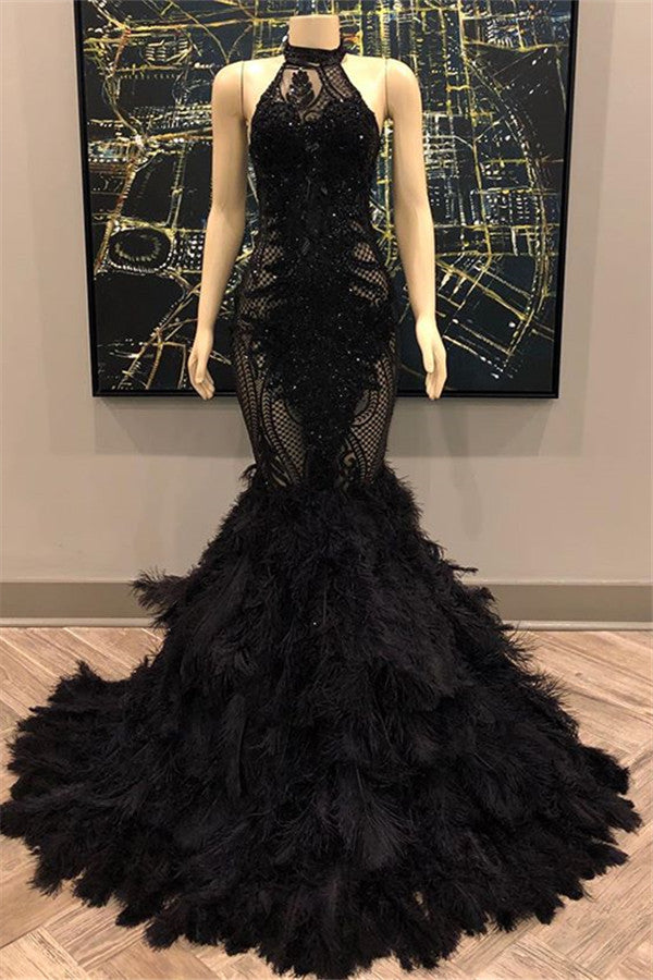 Unique Lace Appliques Halter Feather Prom Dresses Sleeveless Alluring Fit and Flare Evening Gowns-Ballbella