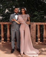 Unique Long Dusty Pink Cap sleeves Beaded Prom Pants-Ballbella