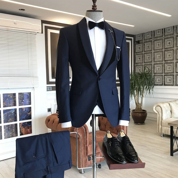 Unique Navy Blue Shawl Lapel With One Button Wedding Suit-Ballbella