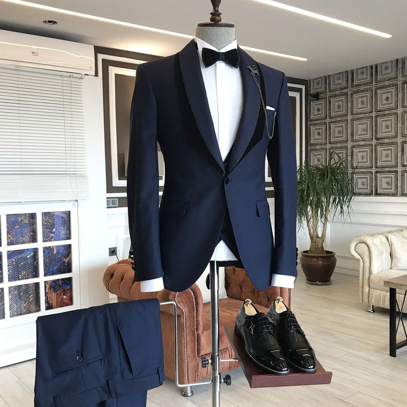 Unique Navy Blue Shawl Lapel With One Button Wedding Suit-Ballbella