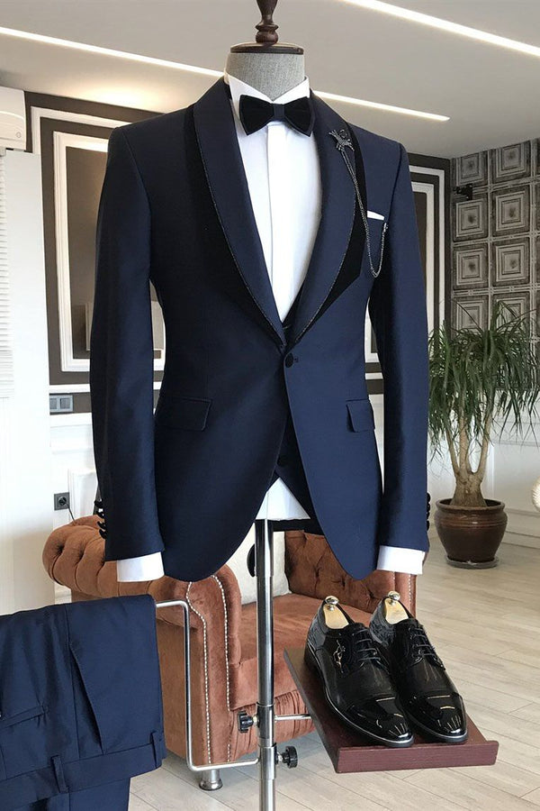 Unique Navy Blue Shawl Lapel With One Button Wedding Suit-Ballbella