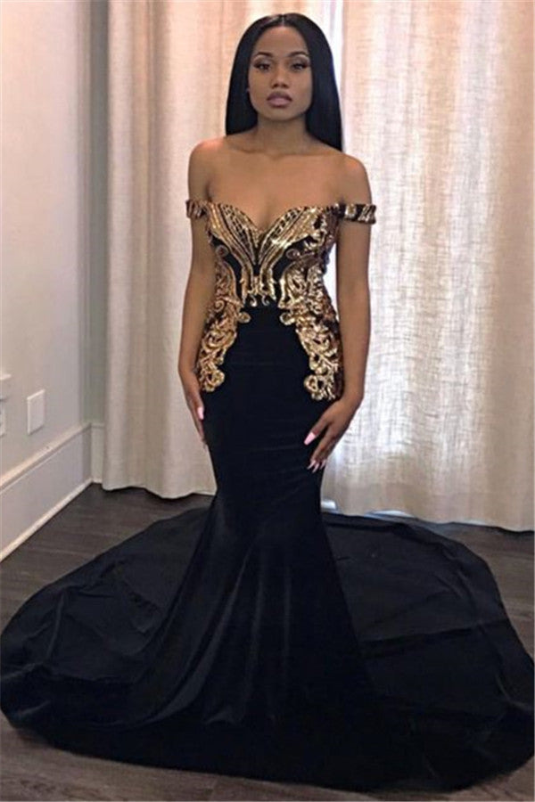 This beautiful Unique Off-the-Shoulder Appliques Mermaid Sweep Train Prom Dresses will make your guests say wow. The Off-the-shoulder bodice is thoughtfully lined,  and the skirt with Appliques to provide the airy,  flatter look.