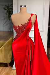 Unique Red Stones Sleeveless High split mermaid Evening Dress-Ballbella