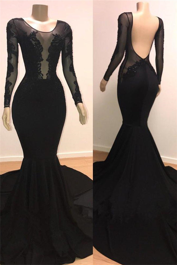 Unique Scoop Long Sleevess Backless Appliques Tulle Mermaid Prom Dresses-Ballbella